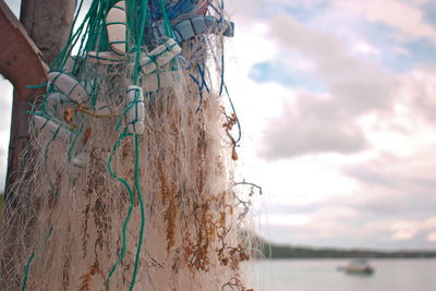 Low angle view of fishing net on beach