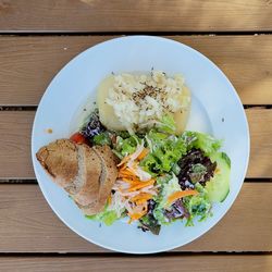 High angle view of food in plate on table