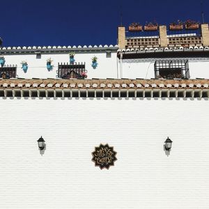 View of birds by building against sky