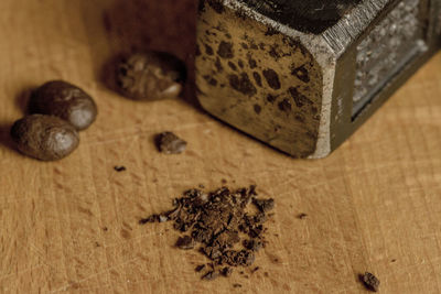 Close-up high angle view of wooden objects