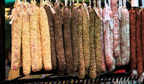 Different types of fuet, typical dry sausage from catalonia, hung