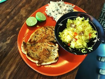 High angle view of breakfast in plate on table