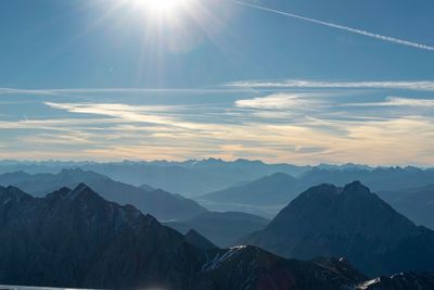 Scenic view of mountains against sky during sunset