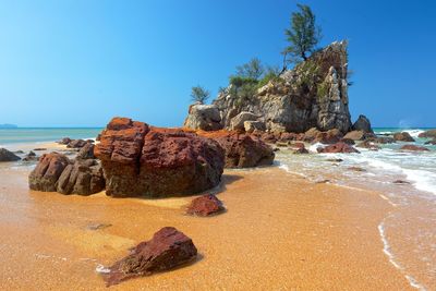 Rock formations on beach against clear blue sky