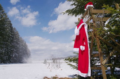 Santa claus costume hanging on tree during winter
