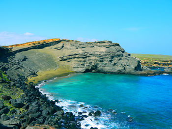 Scenic view of bay against clear blue sky