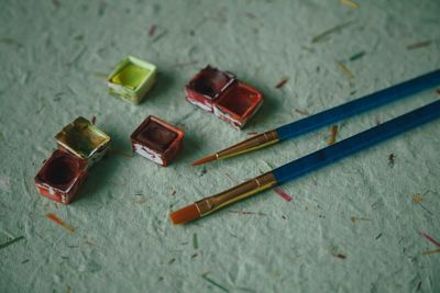 High angle view of multi colored pencils on table