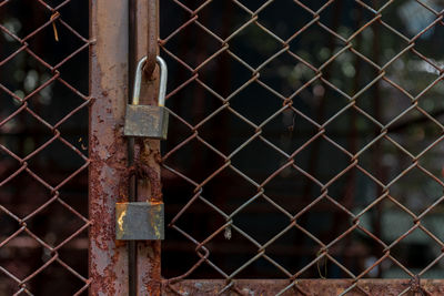 Abandoned padlocks locked on rusty wire mesh steel door background.