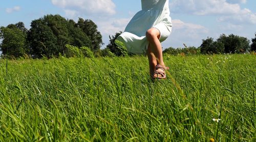 People walking on grassy field