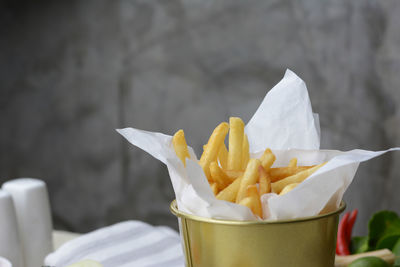 Close-up of food served on table