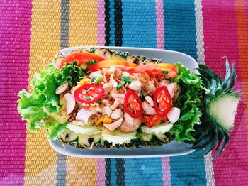 Close-up of salad served on table