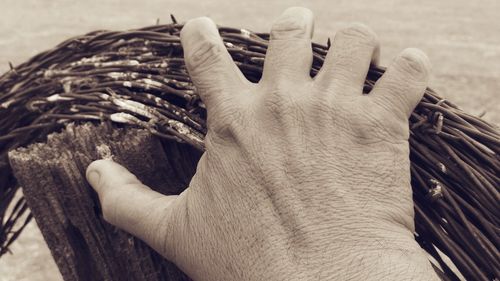 Cropped hand of man holding rolled up barbed wire fence on wooden fence