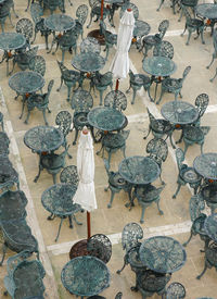 High angle view of empty cafe tables