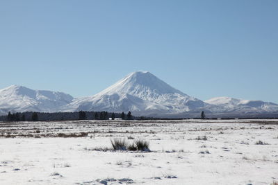 Scenic view of snowcapped mountains against clear blue sky