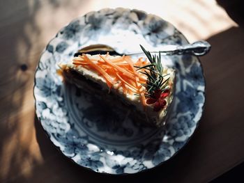 High angle view of fish in plate on table