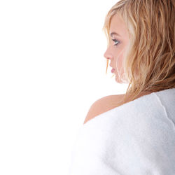 Portrait of a beautiful young woman over white background