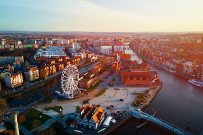 Aerial view ferris wheel attraction in gdansk city, poland.