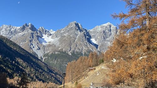 Scenic view of snowcapped mountains against clear sky