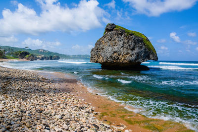 Scenic view of rocks on beach against sky