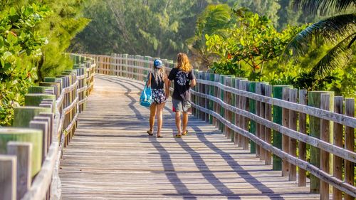 Rear view of friends on footbridge over water