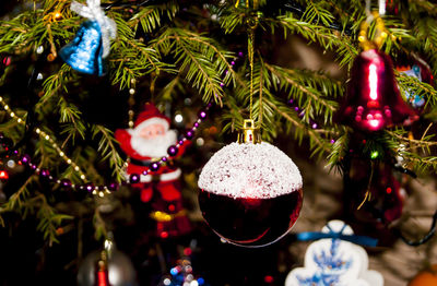 Close-up of christmas decorations hanging on tree