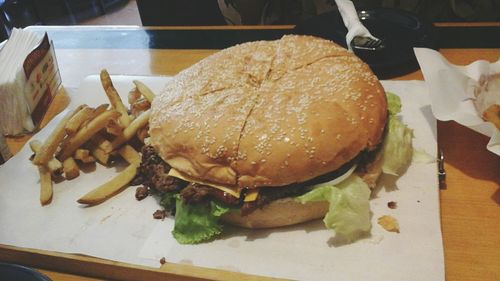 Close-up of burger in plate on table