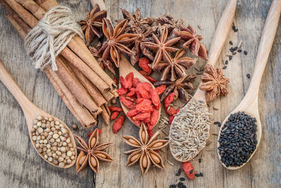 Close-up of dried food in spoons with spices on table