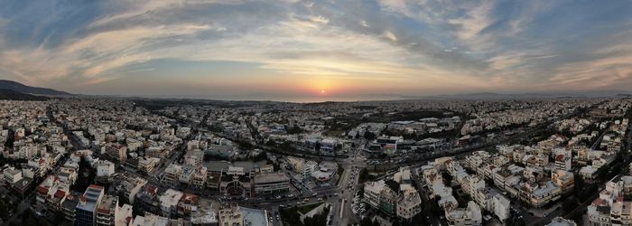 High angle view of townscape against sky during sunset