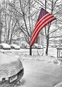 Red flag on snow covered landscape