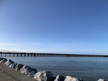 Scenic view of sea against clear blue sky