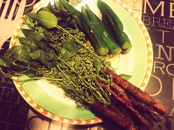 High angle view of food in plate