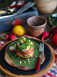 High angle view of breakfast on table