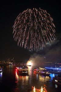 Firework display over river at night