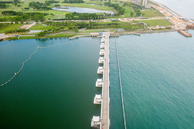 High angle view of bay against clear sky