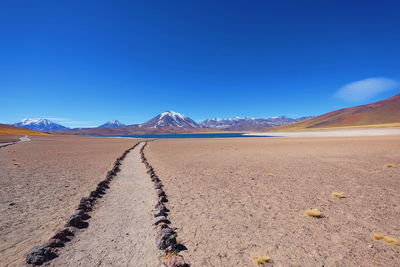 Scenic view of desert against clear blue sky