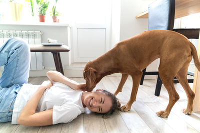 Two dogs lying on floor at home