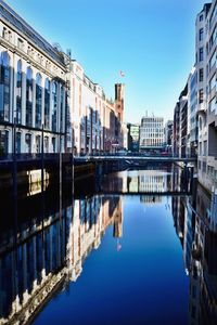 Reflection of buildings in water against clear blue sky