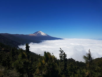 Scenic view of mountains against clear blue sky