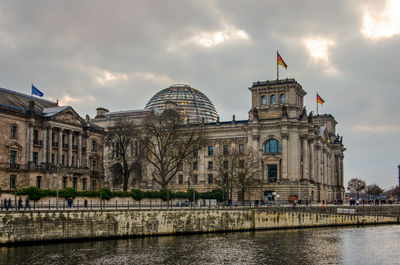 View across the river spree towards the historic reichstag building under a dramatic sky at dusk