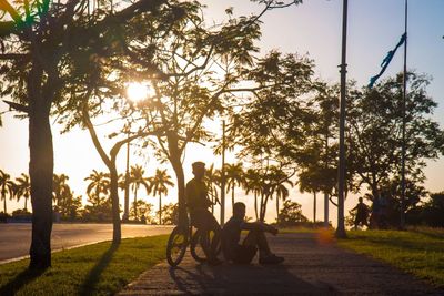 Father and son sitting on tree at park