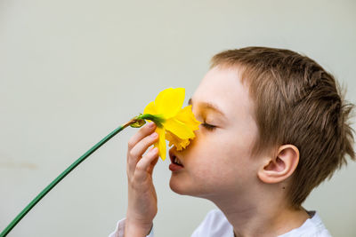 Boy smelling yellow flower against white background