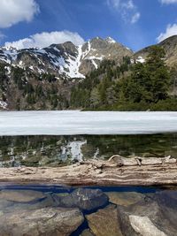 Scenic view of lake by mountains against sky
