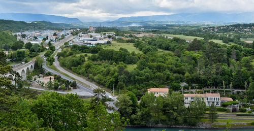 High angle view of houses in city