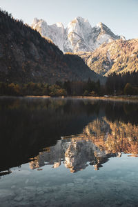 Scenic view of lake by snowcapped mountains against sky