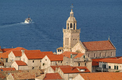 High angle view of building by sea