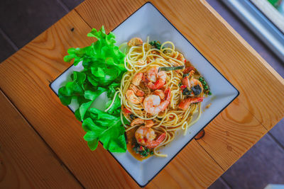 High angle view of meal served on table