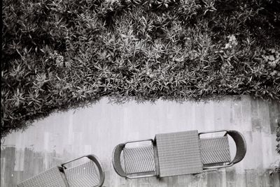 Empty bench against wall in park