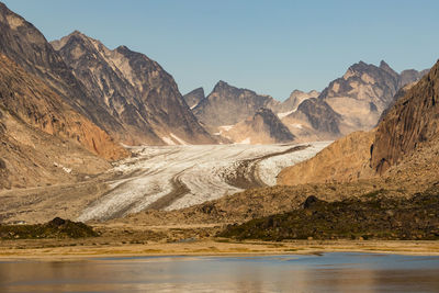 Scenic view of lake and mountains against clear sky