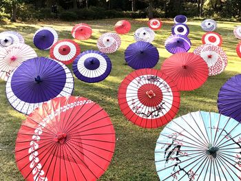 High angle view of multi colored japanese umbrellas
