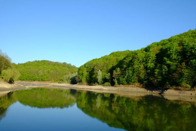 Scenic view of lake against clear blue sky